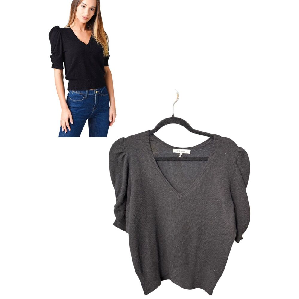 Frame Denim Frankie Cashmere Black Ruched Sleeve V Neck Sweater Size Small